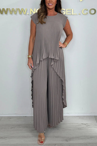 ⏰Hot Sale 50% OFF💕Laney Pleated Short Sleeve Irregular Midi Top and Elastic Waist Wide Leg Pants Set