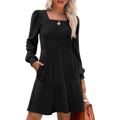 🔥LAST DAY SALE 60% OFF!!💥🍂Womens Square Neck Long Sleeve Fall Dresses Casual Babydoll Sweater Dress🍂