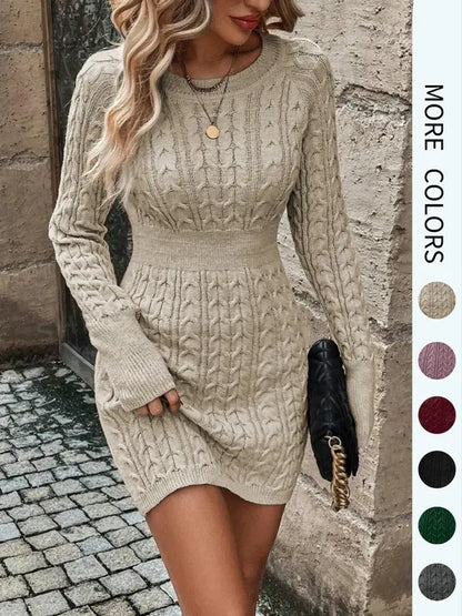 ⏰💃Last Day 50% OFF❄️🖤Women's Winter Plain Round Neck Cable Knit Bodycon Sweater Dress