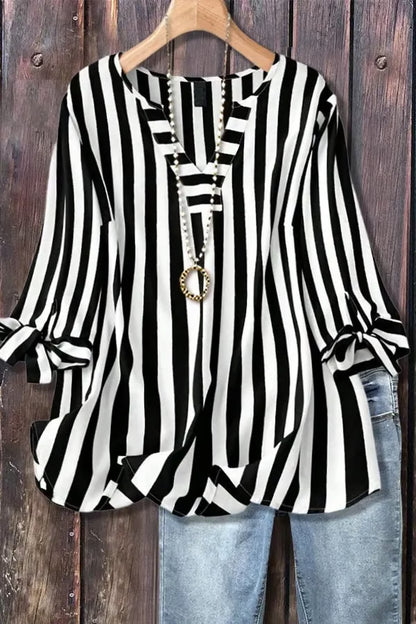 💥LAST DAY SALE 60% OFF⏰Women's Casual Striped V-Neck Tied Sleeve Top Versatile Blouse
