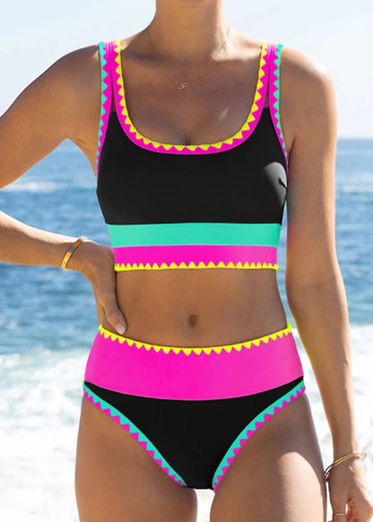 🏖️Hot Sale 50% OFF🌼Color Block Patchwork Nylon Sporty 3-Piece Bikini Set - High Waisted & Tummy Control Swimsuit👙🌈