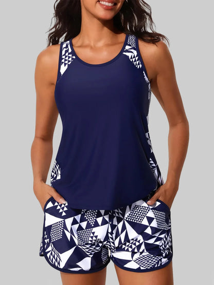 ☀️2026 HOT SALE 49% OFF👙🌸Blouson Tankini Swimsuits for Women Tummy Control Two Piece Bathing Suits with Sporty Pockets Swim Shorts