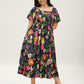 ⏰Summer Hot Sale 50% OFF💃Floral Smocked Square Neck Midi Dress with Pockets