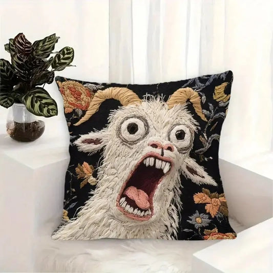 🐐Funny Screaming Goat Pillowcase - Short Plush Abstract Animal Print, Zipper Closure Home Party Decor