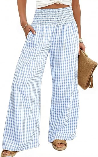 ⏳LAST DAY SALE 50% OFF!🎁Striped Gingham Wide Leg Pants High Waisted With Pockets