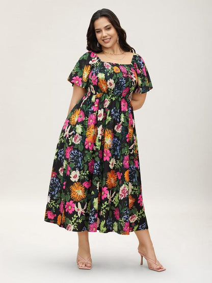 ⏰Summer Hot Sale 50% OFF💃Floral Smocked Square Neck Midi Dress with Pockets