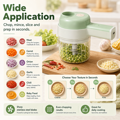 🏆 LIMITED-TIME 50% OFF! 🥕4‑in‑1 Handheld Electric Food Chopper‑ USB Rechargeable Mini Blender with Open Feeding Port, Portable Wireless Processor for Vegetables, Meat & Garlic