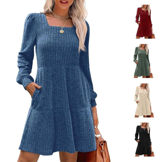 🔥LAST DAY SALE 60% OFF!!💥🍂Womens Square Neck Long Sleeve Fall Dresses Casual Babydoll Sweater Dress🍂