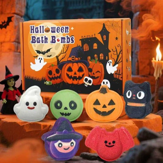 🎃Halloween Bath Bomb Gift Set - 6-Piece Scary Cute Kids Bath Bomb Gift Box, Includes Witch, Bat, Black Cat, Skull, Ghost and Pumpkin Bubble Spa Balls🎃