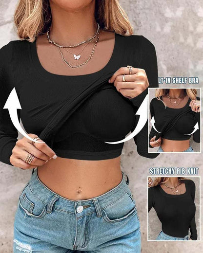 ⏳LAST DAY SALE 70% OFF!🔥Neck Built-in Bra Long Sleeve Ribbed Top Shirts Elegant Skinny Fit Fabric💥