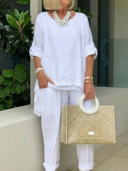 Women's casual plus size cotton blend set with five-minute sleeves