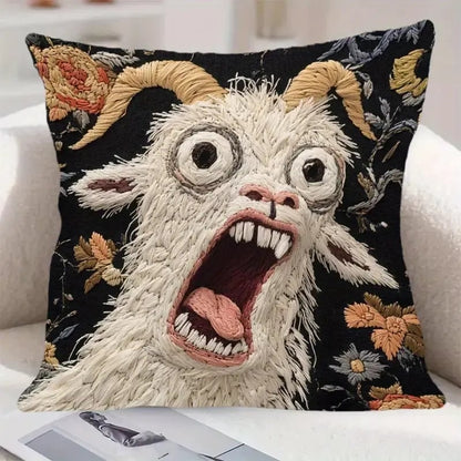 🐐Funny Screaming Goat Pillowcase - Short Plush Abstract Animal Print, Zipper Closure Home Party Decor