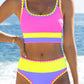 🏖️Hot Sale 50% OFF🌼Color Block Patchwork Nylon Sporty 3-Piece Bikini Set - High Waisted & Tummy Control Swimsuit👙🌈