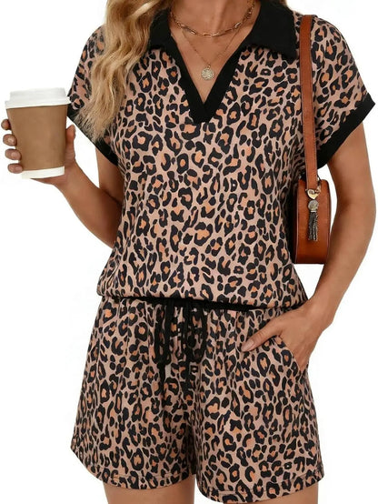 👖🌷LAST DAY SALE 50% OFF!!💥Women's Leopard Print Top & Drawstring Shorts Set