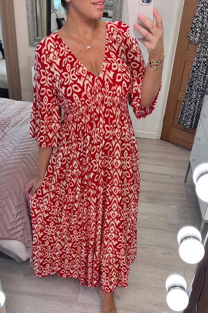 ⏳LAST DAY SALE ONLY￡13.99!!🌿💃Bohemian Casual Print V-Neck Waist Wrap Long Dress