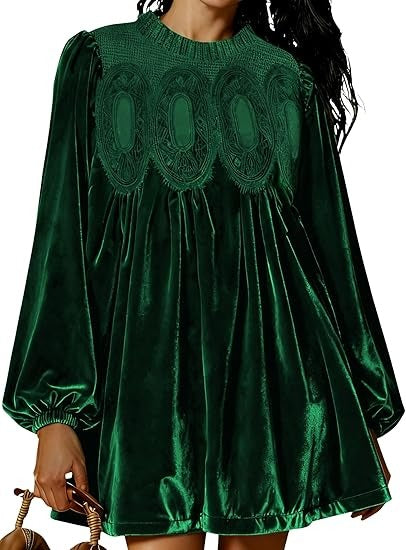 🎉LAST DAY SALE -70% OFF👗Womens A-Line Velvet Lace Overall Pleated Babydoll Mini Dress