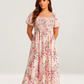⏰Summer Hot Sale 50% OFF💃Floral Smocked Square Neck Midi Dress with Pockets