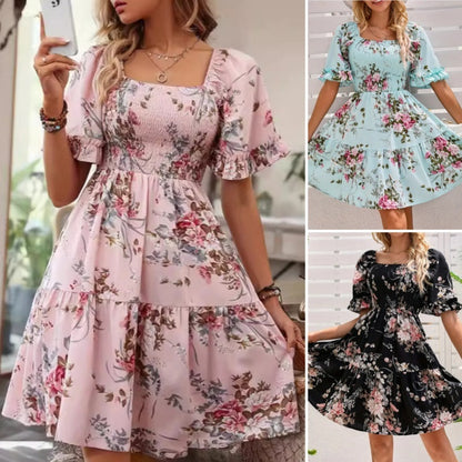 LAST DAY SALE 50% OFF🔥Women’s Elegant Square Neck Floral Print Smocked Dress