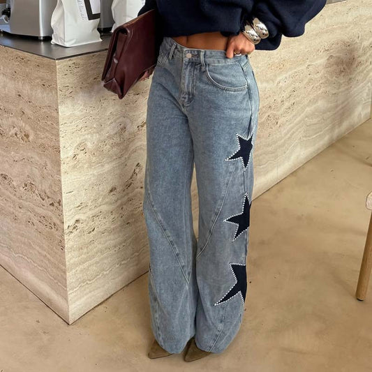 💃LAST DAY SAEL 60% OFF!!✨Star Patch Rhinestone Wide-Leg Denim Pants