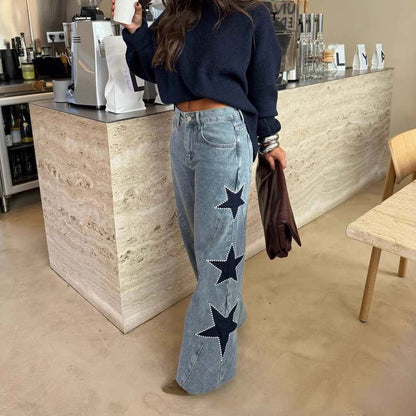 💃LAST DAY SAEL 60% OFF!!✨Star Patch Rhinestone Wide-Leg Denim Pants