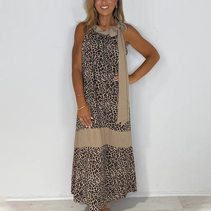 Women's Leopard Print Tie Neck Sleeveless Long Dresses