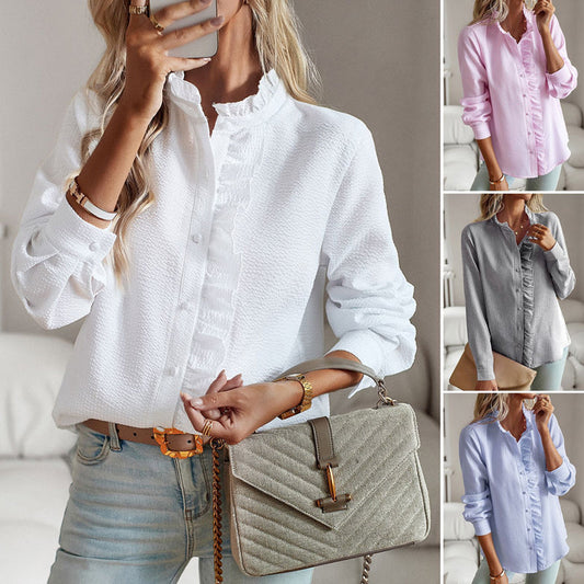 Women's Striped Ruffle Trim Button-Down Shirt