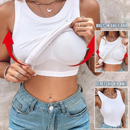 🔥Round Neck Built-in Bra Ribbed Tank Top Fit Casual Comfortable💥