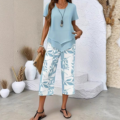 🌸Summer Hot Sale 50% OFF💖⏰Casual Round Neck Layered Tunic Top and Wide Leg Pants Set
