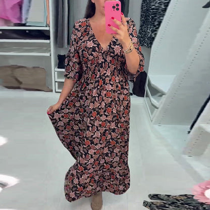 🔥Last Day Discount 49% Off🌸V-neck Printed Maxi Dress with 3/4 Sleeves