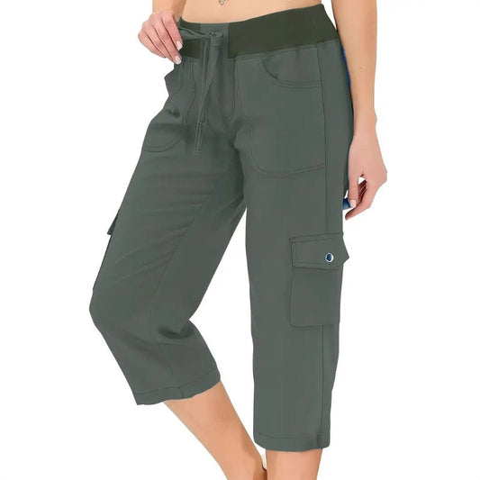 ⏰Summer Hot Sale 50% OFF💃Women's Solid Color High-Waist Drawstring 3/4-Length Cargo Pants