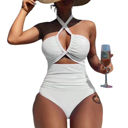 👙LAST DAY SALE 50% OFF🌊Criss Cross Halter Neck High Waisted One-Piece Swimsuit