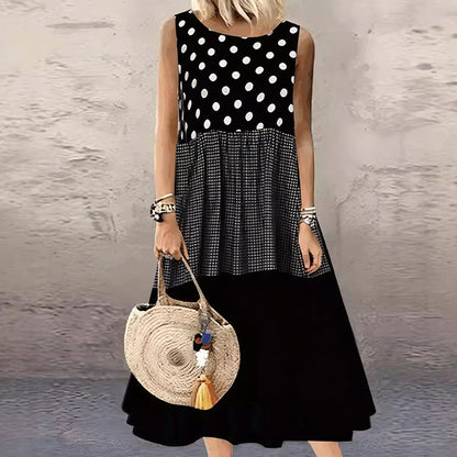 🌟LAST DAY SALE: ONLY ￡12.99!!🎁💃Women's Sleeveless Polka Dot & Plaid Patchwork Dress