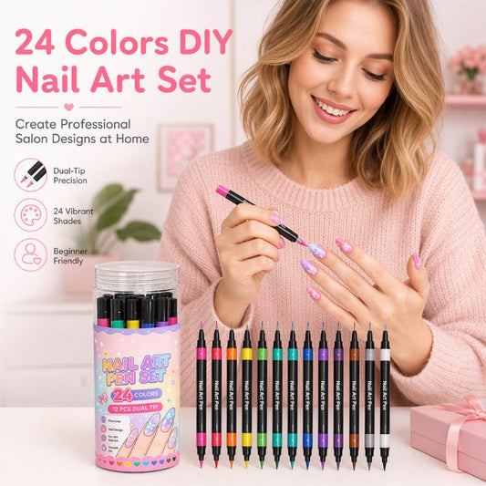 ⏳LAST DAY SALE ONLY ￡7.99!!💕🎁24 Colors Dual Ended Nail Art Pens Set